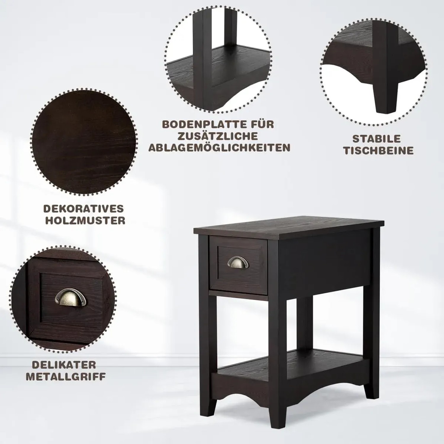 Costway 2er Set Beistelltisch Walnuss mit Schublade und Ablage.