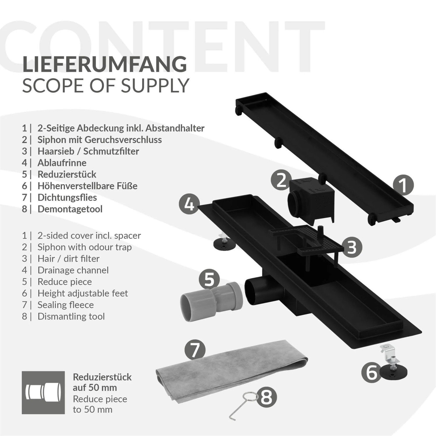 LuxeBath Duschrinne 50cm, 2in1 befliesbar, extra flach, schwarz, doppelseitig. Zubehör und Lieferumfang im Überblick.