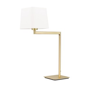 Tischleuchte Carlton mit Stoffschirm, Messing matt, schwenkbar. Elegante Innenleuchte für Wohnraum.