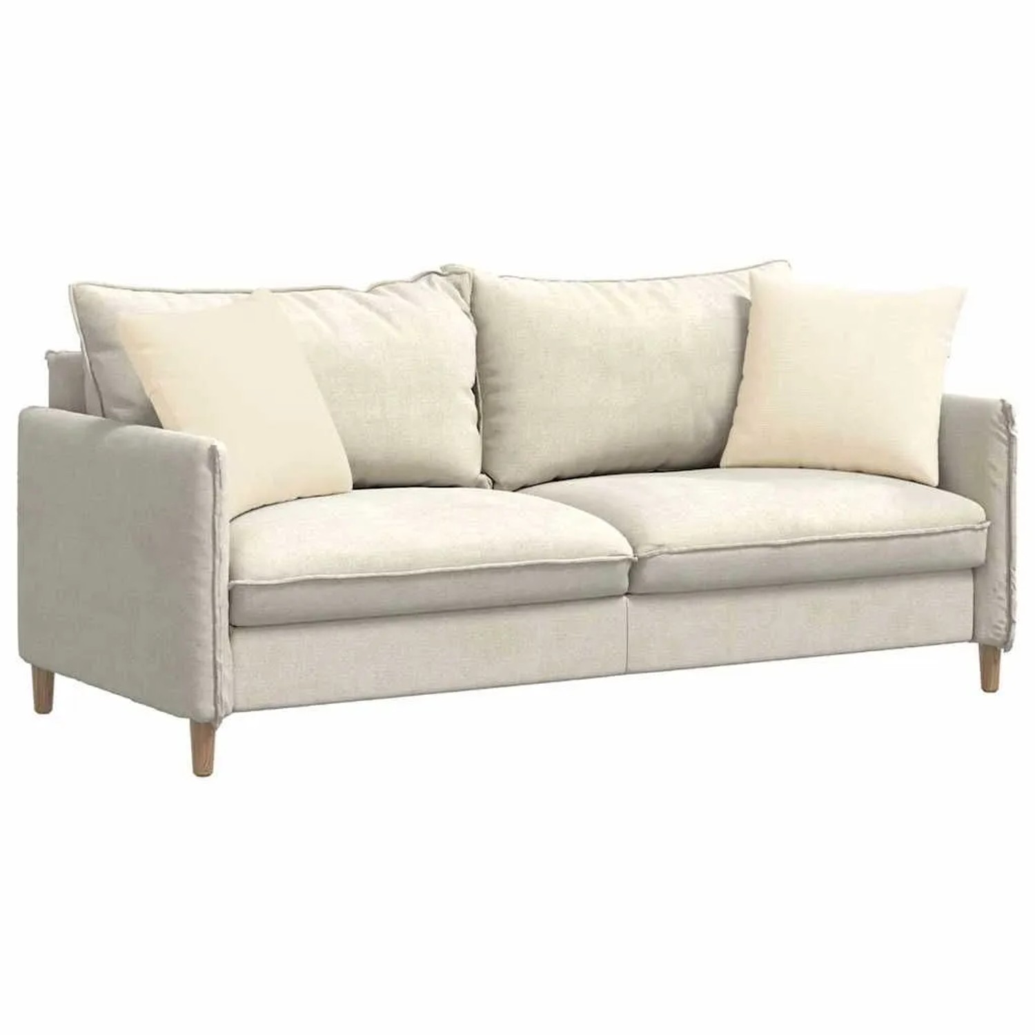Zwei cremefarbene Sofakissen aus weichem Cordstoff, 45x45 cm, auf einem hellen Sofa.