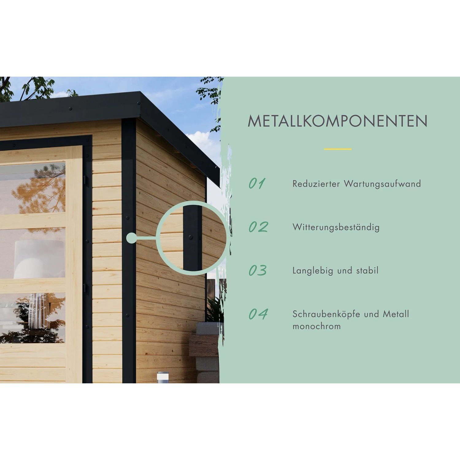 Detailansicht Karibu Gartenhaus Domingo 3 A: Metallecken und -dach für Stabilität und reduzierten Wartungsaufwand.