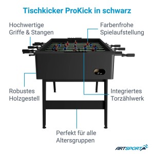 Schwarzer ArtSport Tischkicker ProKick mit robustem Holzgestell und Torzählwerk.