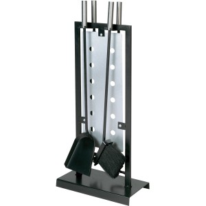 Lienbacher Kamingarnitur, 4-teilig, schwarz beschichtet mit Besen, Schaufel, Zange und Schürhaken.