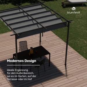Blumfeldt Pantheon Pergola, 3x3m, dunkelgrau, mit Tisch und Stühlen auf einer Terrasse.