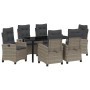 7-teiliges Garten Esszimmer Set aus grauem Poly Rattan mit Tisch und Stühlen inklusive Kissen.