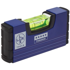 LUX Mini-Wasserwaage Professional, blaues Kunststoffgehäuse mit horizontaler Libelle.