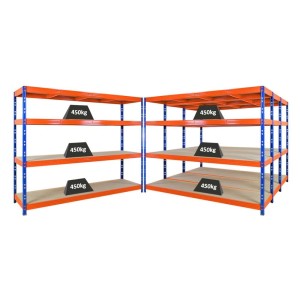 PROREGAL Mega Deal 4x Profi Schwerlastregal Rhino HxBxT 180x240x60cm 4 Spanplatten-Ebenen 8mm Fachlast 450kg Blau/Orange