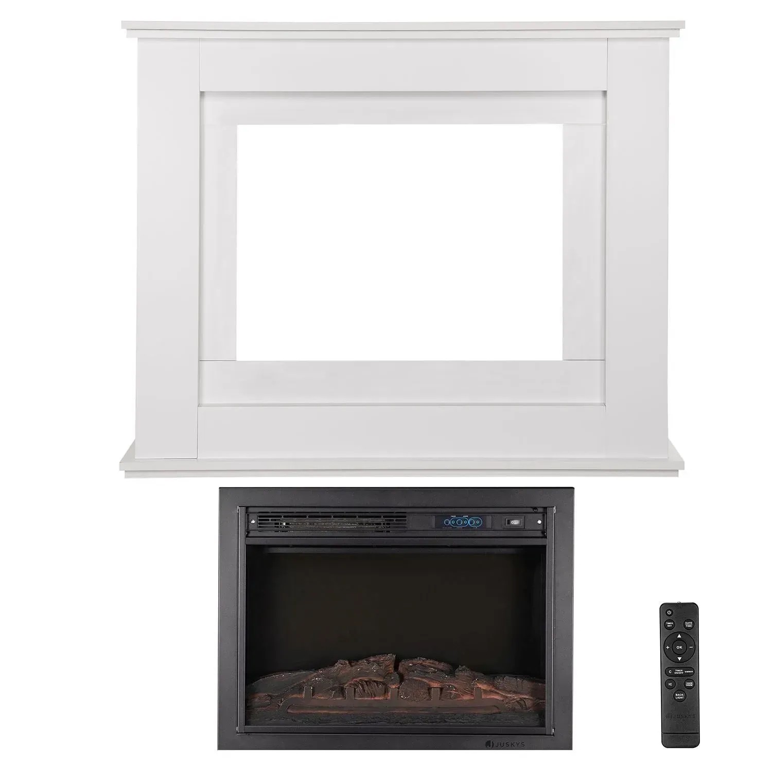 Weißer Juskys Elektrokamin mit Heizung, Flammeneffekt und Fernbedienung.