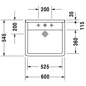 Technische Zeichnung: Weißes Duravit Starck 3 Vital Waschbecken, 60 cm, mit Hahnloch und Überlauf.