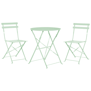 Mintgrünes Beliani FIORI Bistro Set aus Stahl: runder Klapptisch und zwei Stühle für Garten & Balkon.