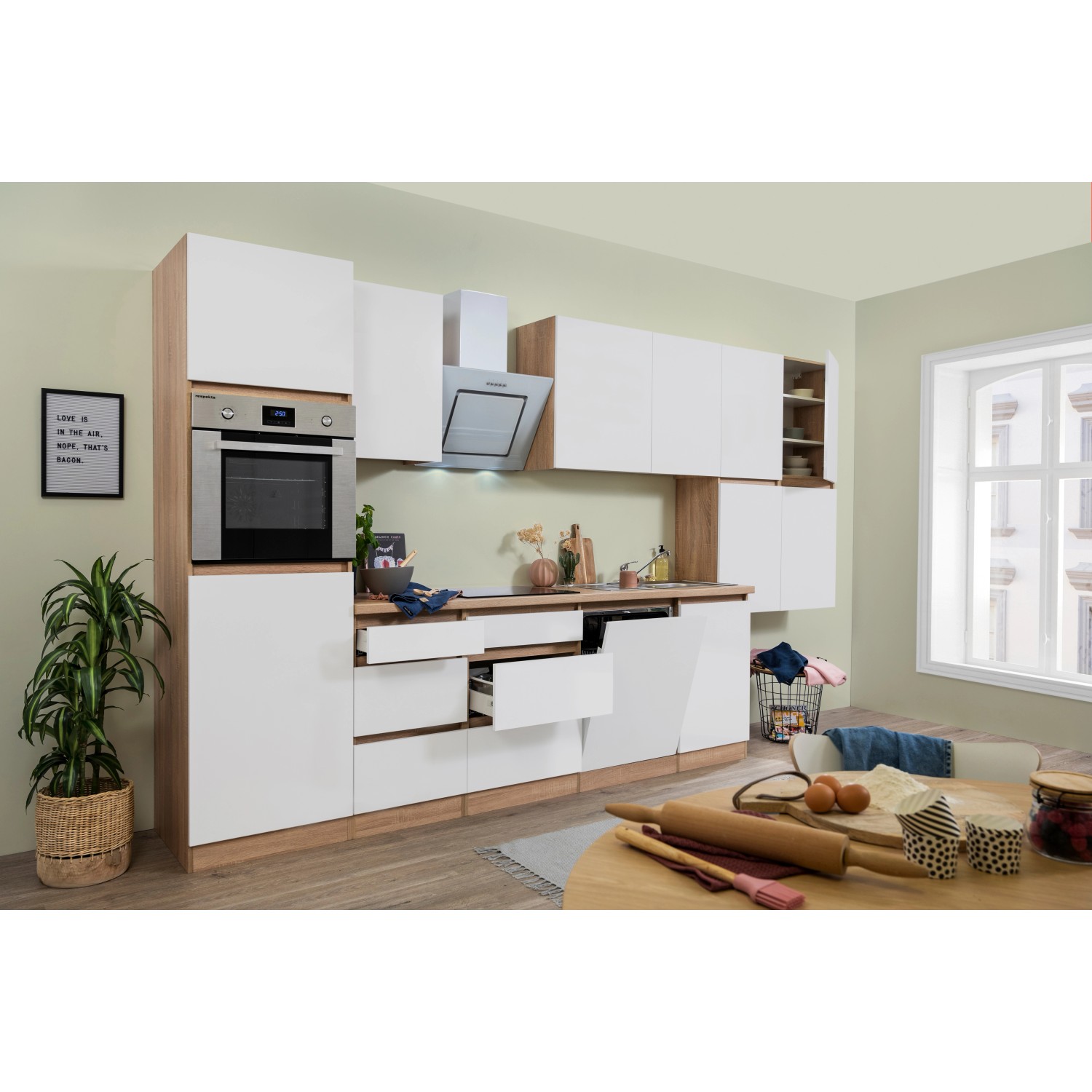 Respekta Küchenzeile/Küchenblock GLRP380HESWM Grifflos 380 cm Weiß matt-Sonoma Eiche