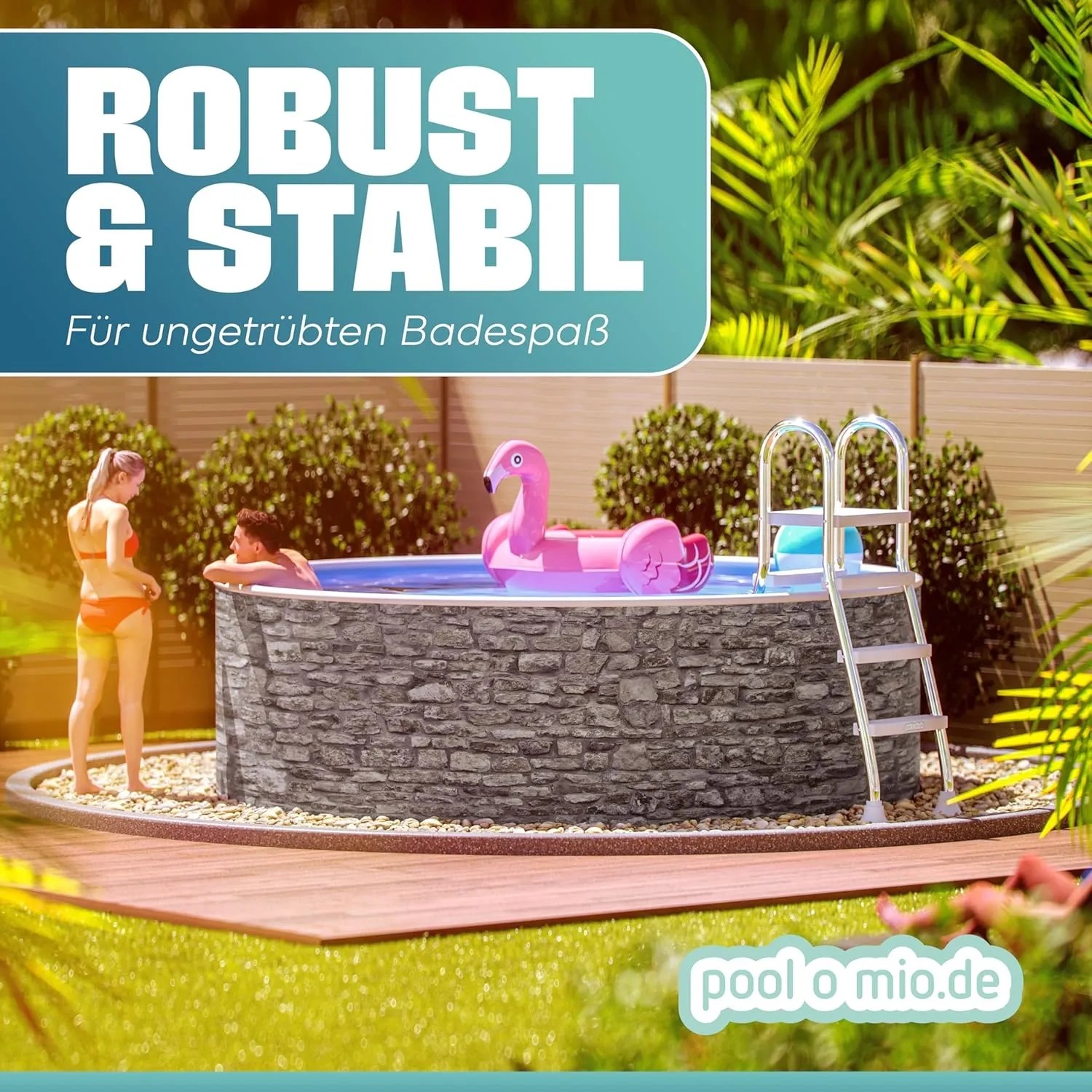 Runder Poolomio Stahlwandpool in Steinoptik mit Leiter, Personen und Flamingo-Luftmatratze.
