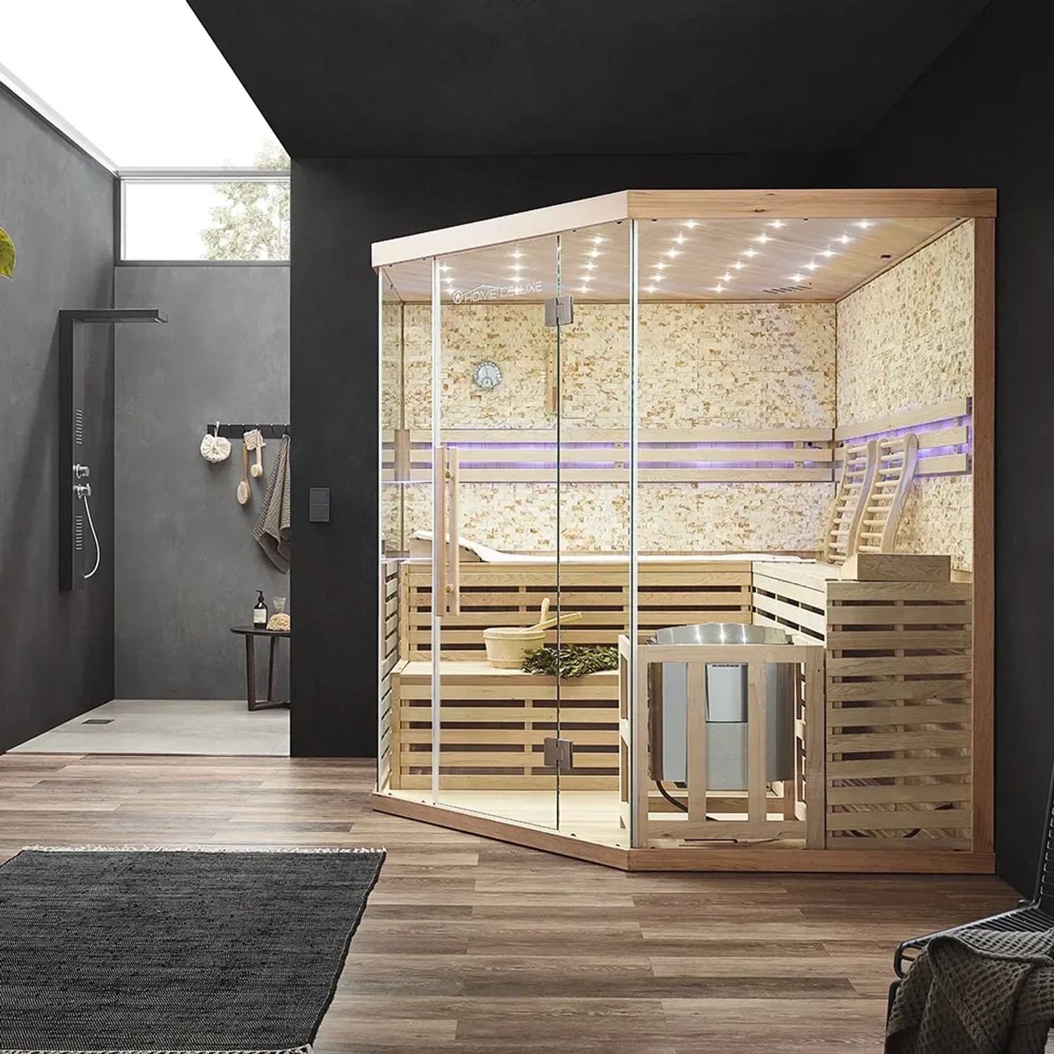 Große, helle Sauna SKYLINE BIG aus Tannenholz mit Glasfront und Kunststeinwand im OBI Online-Shop.