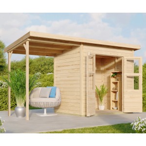 Karibu Holz-Gartenhaus Neuenburg mit Anbaudach, naturbelassen. Gartenhaus aus Fichtenholz mit Doppeltür.