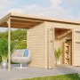 Karibu Holz-Gartenhaus Neuenburg mit Anbaudach, naturbelassen. Gartenhaus aus Fichtenholz mit Doppeltür.