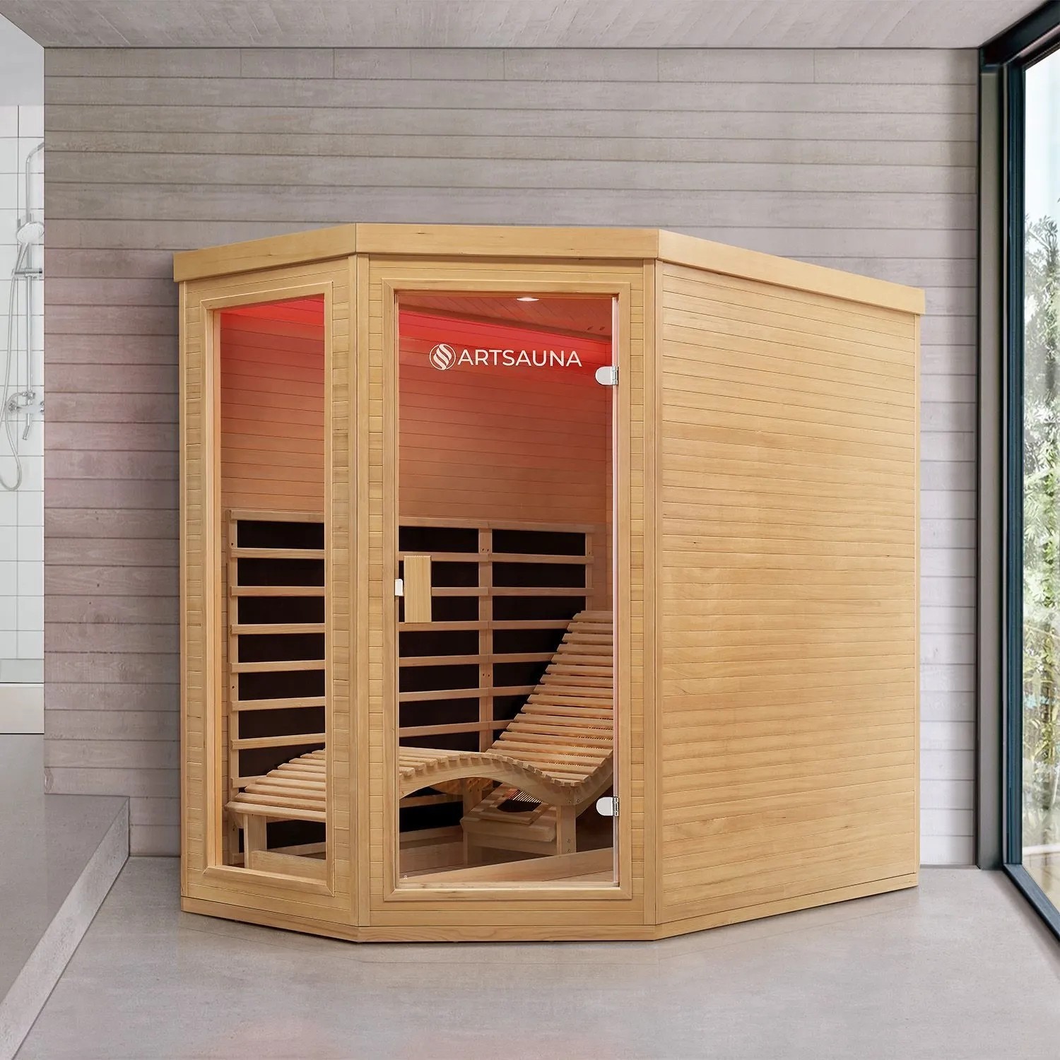 Artsauna Infrarotkabine Kolding aus Hemlockholz mit Liege und LED-Beleuchtung.