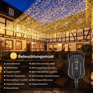 Salcar Solar-Cluster-Lichterkette 768 LED warmweiß, dicht über einem festlich beleuchteten Hof. Controller zeigt 13 Modi.