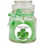 Grüne HS Candle Duftkerze Viel Glück im Glas mit Kokosduft und Schleife.