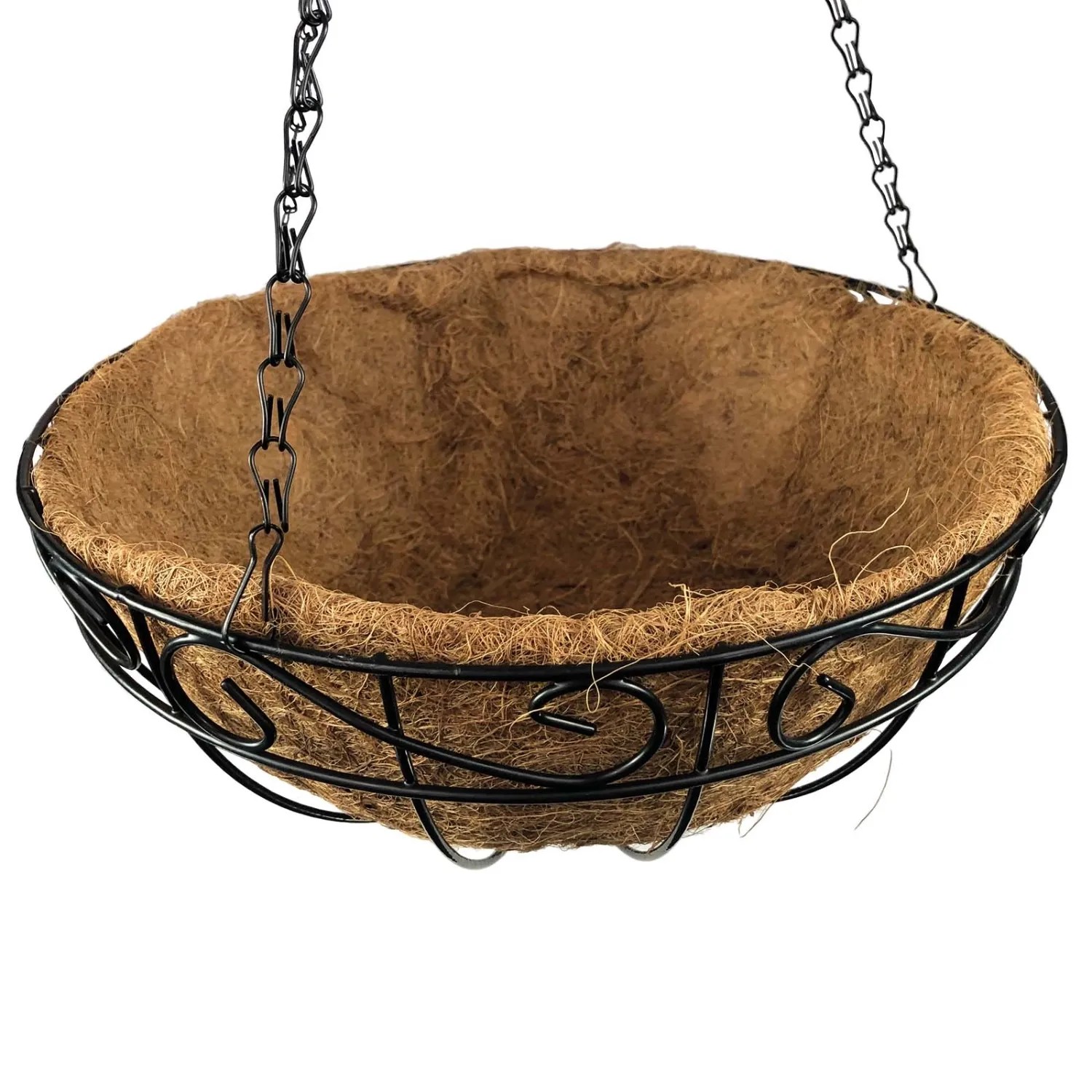 Dekorative, schwarze Hängeampel (Ø 25cm) mit Kokoseinsatz und Metallketten für Balkon und Garten.