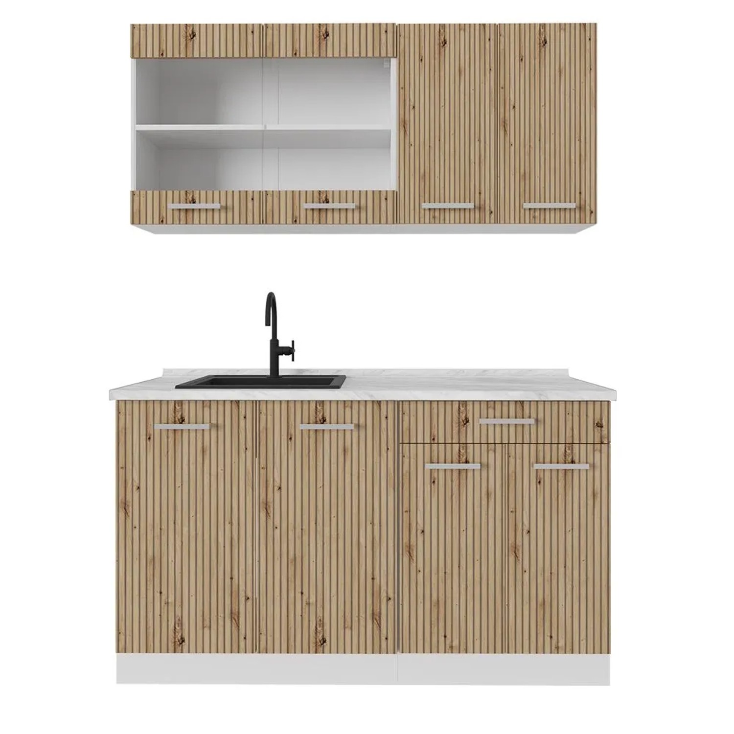 Vicco R-Line Singleküche Artisan Eiche Weiß 140 cm AP Marmor ohne E-Geräte