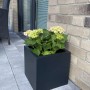 Anthrazitfarbener Vivanno Pflanzkübel Block 30x30x30 cm mit Pflanze auf einer Terrasse.