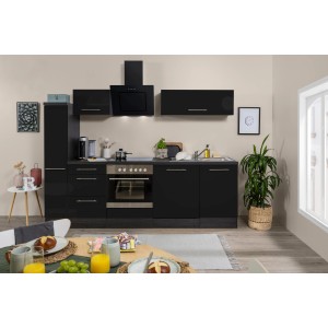 Respekta Premium Küchenzeile 250 cm in Schwarz Hochglanz und Eiche Grau mit E-Geräten.
