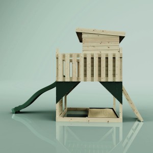 PolarPlay Stelzenhaus Polarstern, dunkelgrün, mit Rutsche und Leiter. Holz-Gartenhaus für Kinder.