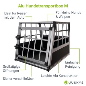 Juskys Alu Hundetransportbox M: Leichte, silberfarbene Transportbox mit Gitter für kleine Hunde.
