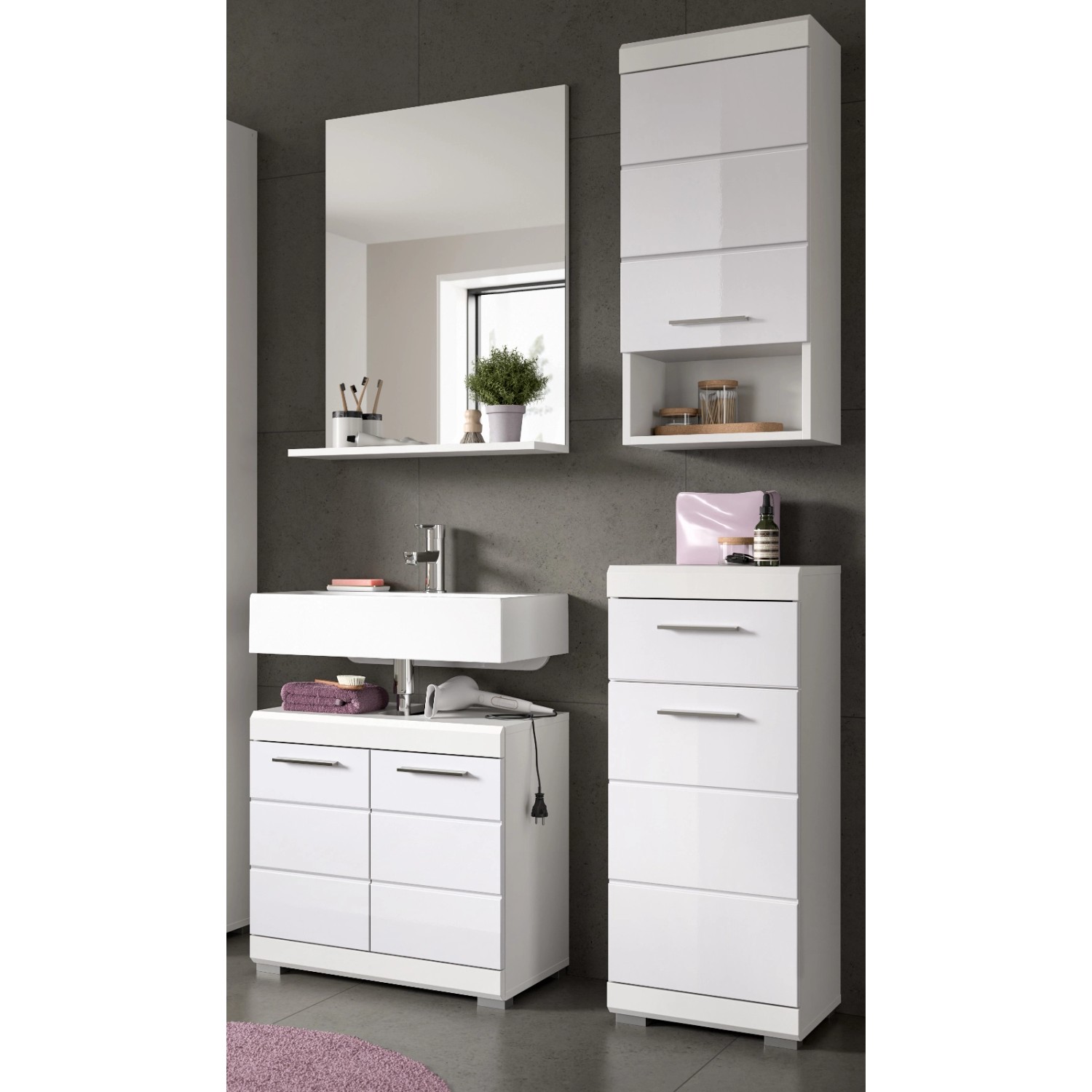 Inn.Furn Badmöbel-Set 4-teilig in Weiß Hochglanz 112 cm Shawn günstig online kaufen