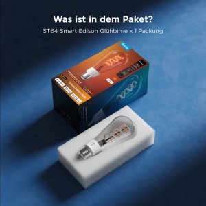 Govee Smart-Glühfaden E27 Edison-Glühbirne mit spiralförmigem Filament, unboxed. Verpackung zeigt Farboptionen.