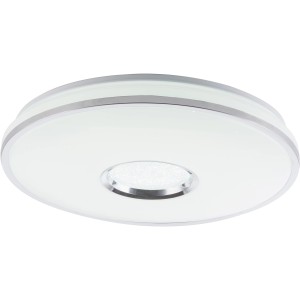 Weiße LED-Deckenleuchte Rena mit Chromrand und Sternenhimmel-Effekt. Dimmbar und mit Fernbedienung.