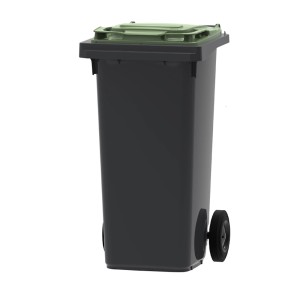 Graue PROREGAL Mülltonne 120 Liter mit grünem Deckel und Rädern.