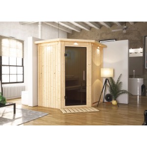 Karibu Sauna Tjorven mit LED-Dachkranz, Naturholz und Graphitglastür in Raumsituation.