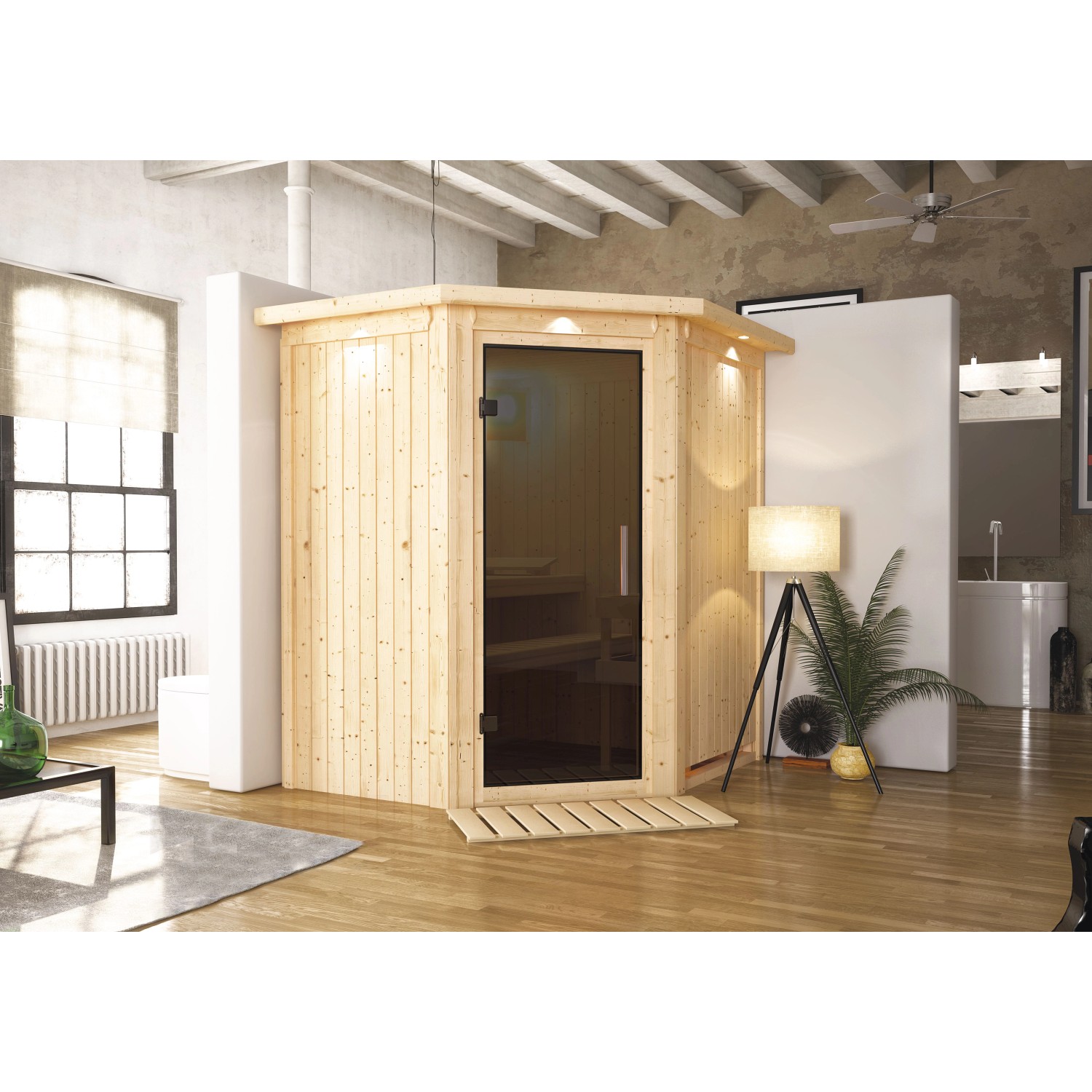 Karibu Sauna Tjorven und LED-Dachkranz Natur
