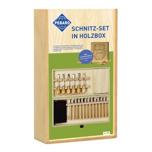 Pebaro Schnitzmesser-Set, 20-teilig in Holzbox, mit Schnitzwerkzeugen und Lindenholzblock.