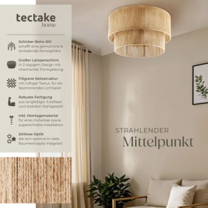 Braune Tectake Deckenleuchte im Boho-Stil aus Jute, 45x45x27,5 cm.