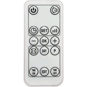 Fernbedienung für OBI Keramik-Wandheizlüfter, silberfarben, mit Tasten für Timer, Temperatur und Modus.