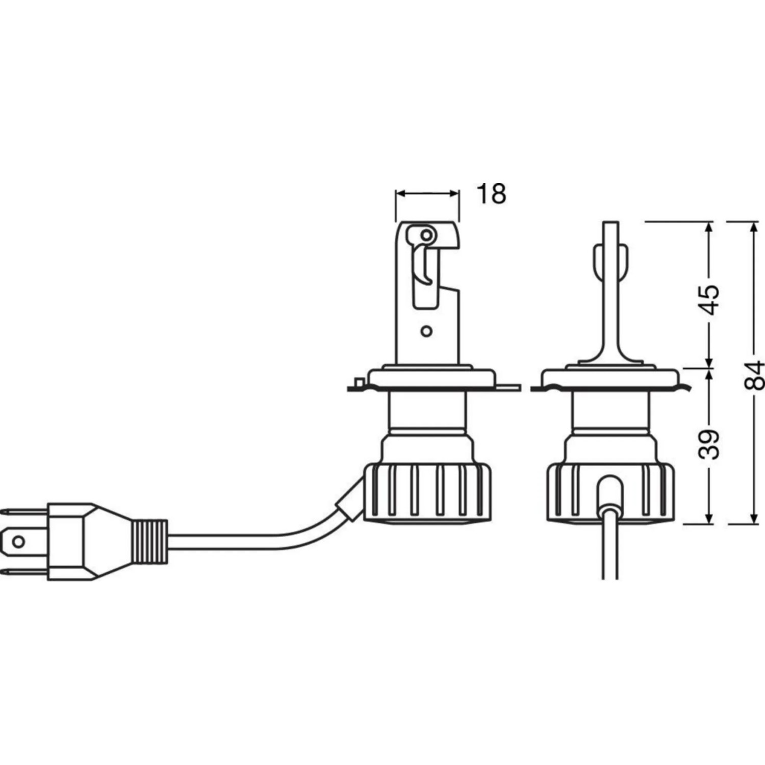 Technische Zeichnung: Osram LED Night Breaker Vintage H4 Scheinwerferlampe (2 Stk.) mit Maßen.