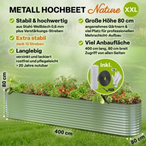 Großes, ovales Metall-Hochbeet NATURE XXL in Salbei, 400x80x80 cm, bepflanzt mit Gemüse.