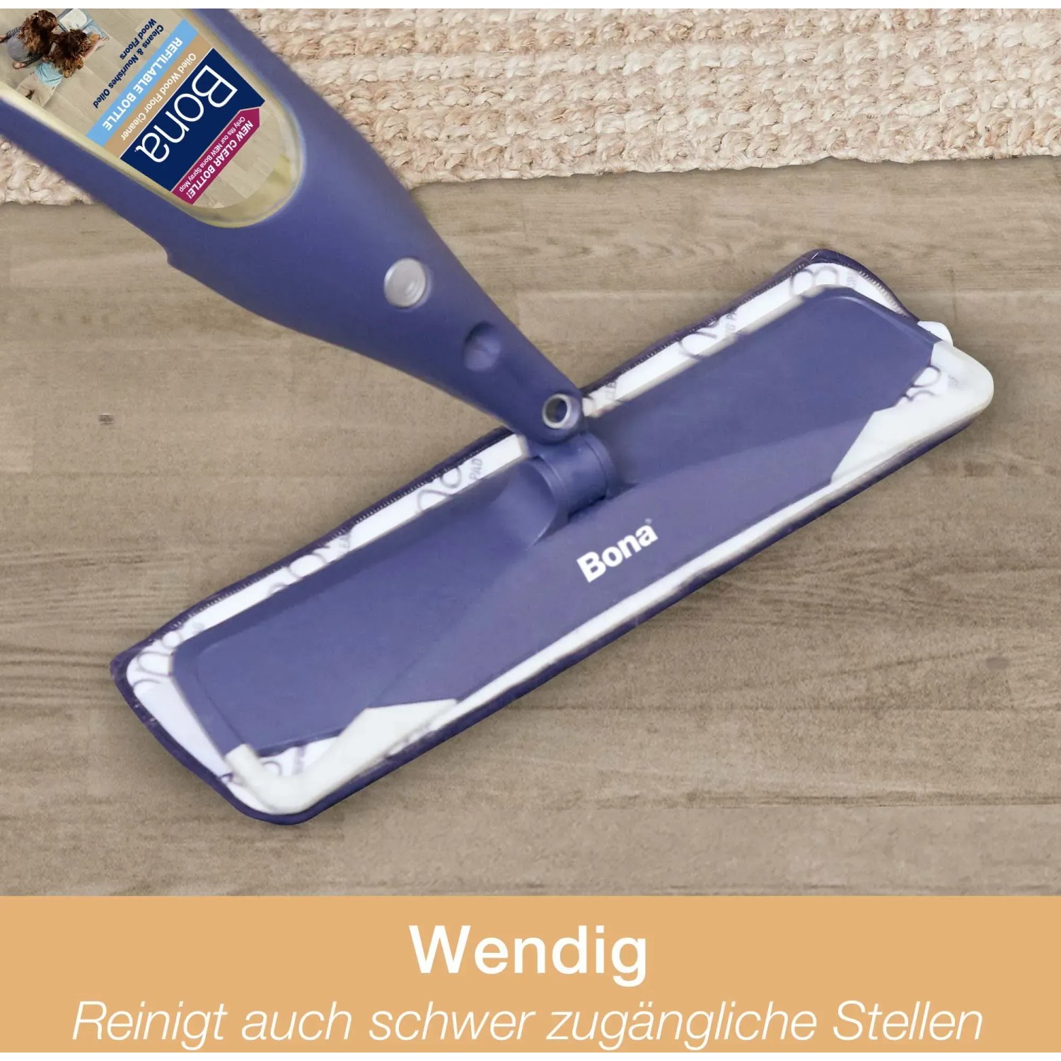 Bona Premium Spray Mop für geölte Holzböden mit Kartusche im Einsatz auf Holzboden.
