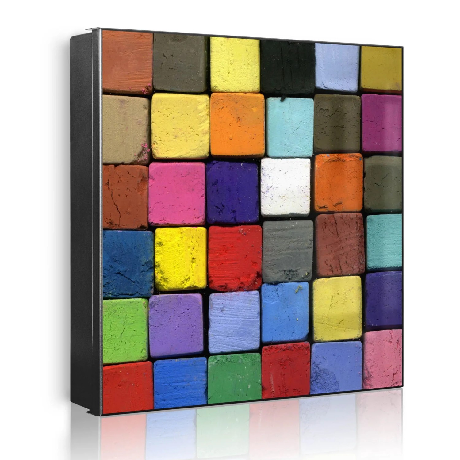Banjado Großer Schlüsselkasten Metall 30x30cm Schwarz Scharnier Links 50 Haken Beschreibbar Magnetisch Motiv Bunte Kreide