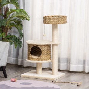 Mehrstufiger PawHut Kratzbaum mit Rattan-Katzenhaus, Sisal-Stämmen und weichen Plüsch-Plattformen.