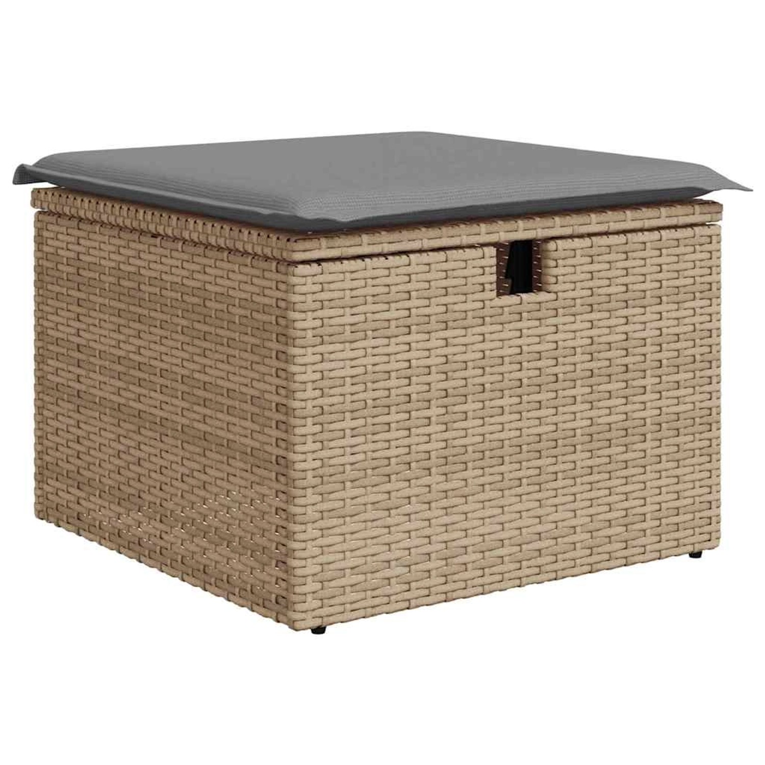 Beiger vidaXL Gartenmöbel-Fußhocker aus Rattan mit grauem Kissen und Stauraum.