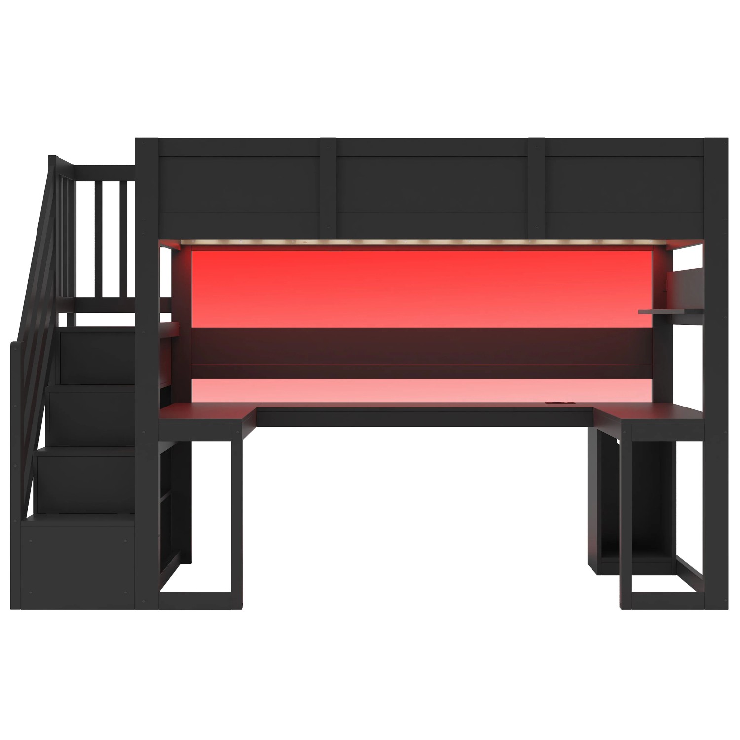 Merax Gaming Hochbett 90x200 cm Mit Schreibtisch Stauraumtreppe USB LED Schwarz
