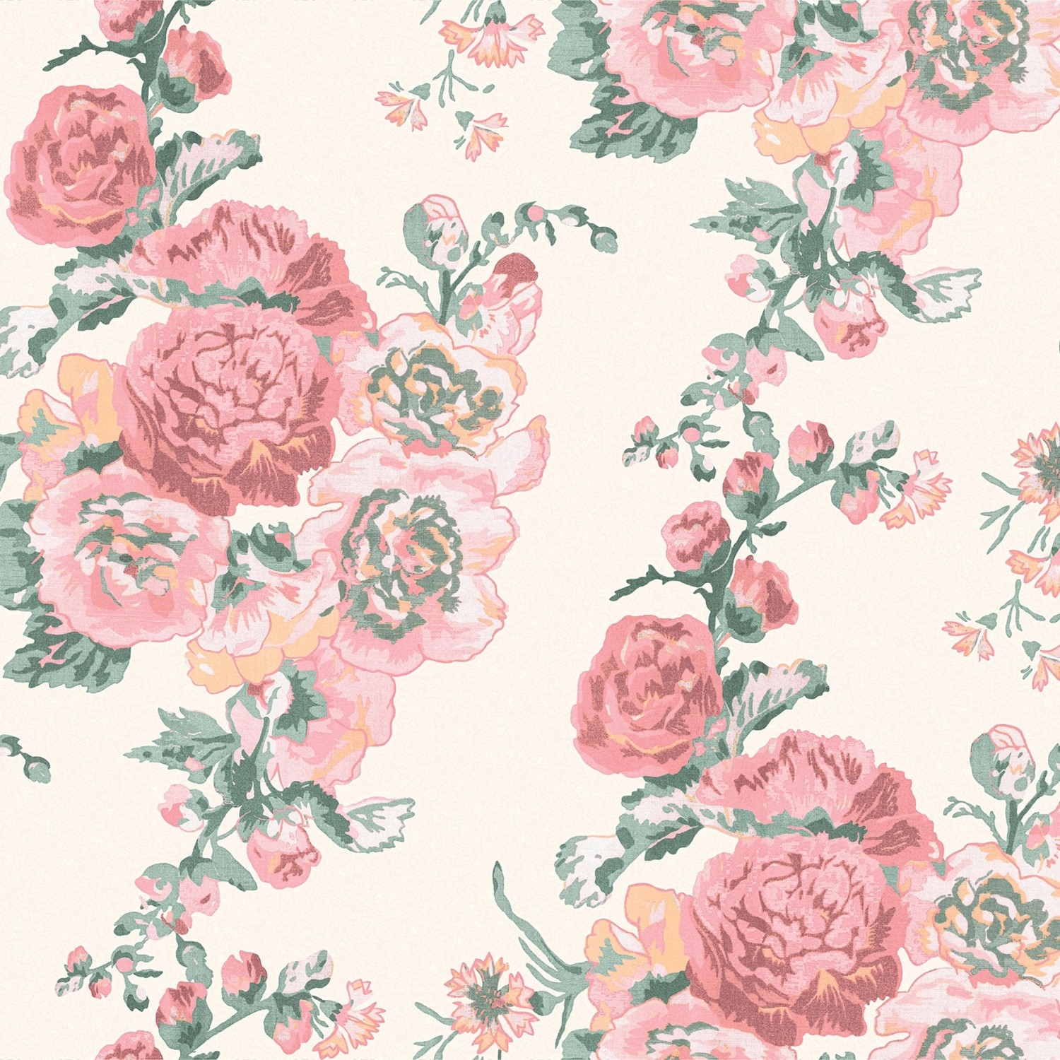 Laura Ashley Vliestapete Hollyhocks in Rosa und Koralle mit Blumenmuster.