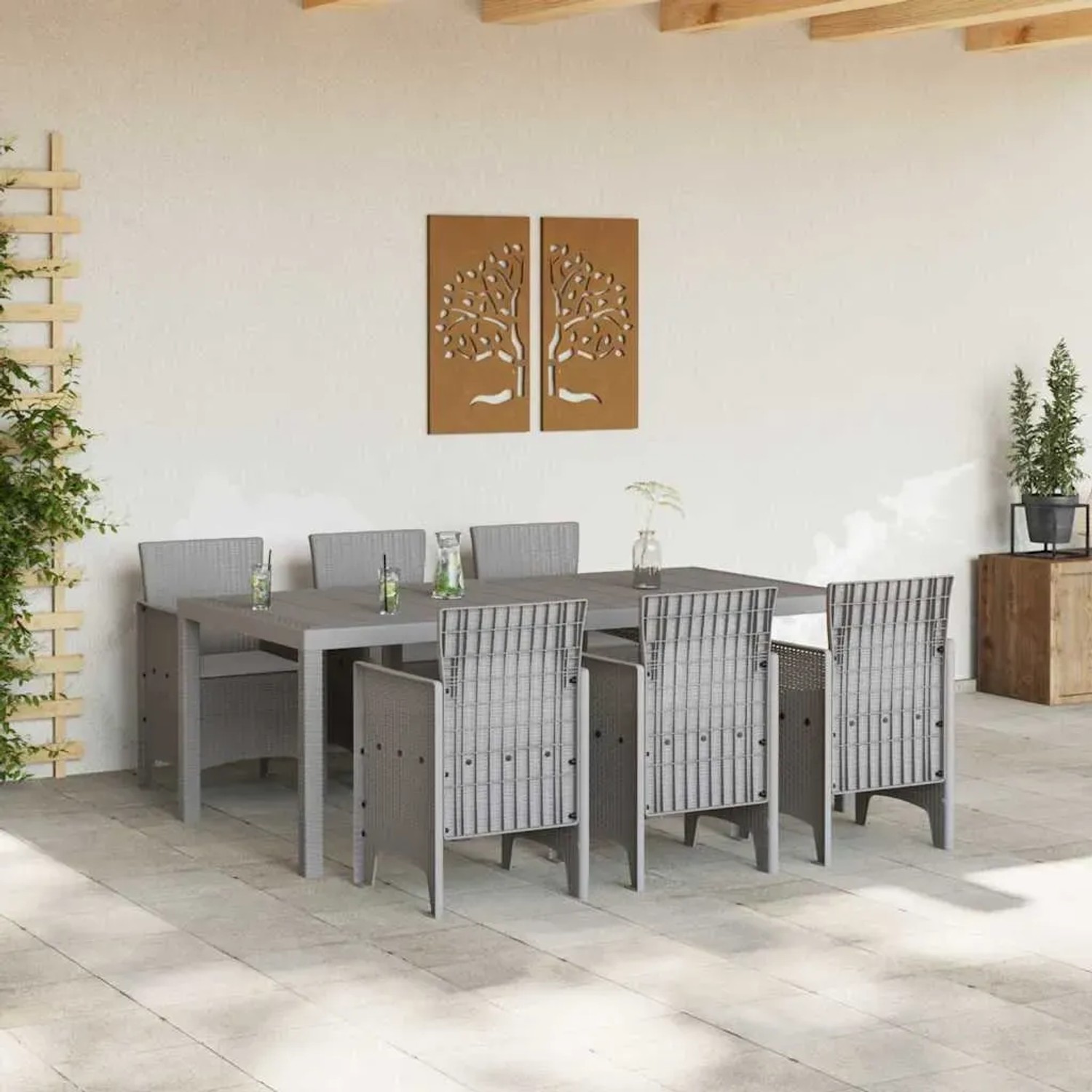 Hellgraue 7-teilige Garten Essgruppe aus Polyrattan von vidaXL. Gartenmöbel Set mit Tisch und 6 Stühlen.