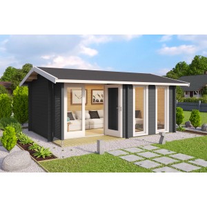 Carbongraues Lasita Maja Gartenhaus Hampshire (420x300 cm) mit großem Dachüberstand im Garten.