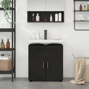 Schwarzes vidaXL Badezimmerschrank-Set TULUM mit Waschbecken und Stauraum.