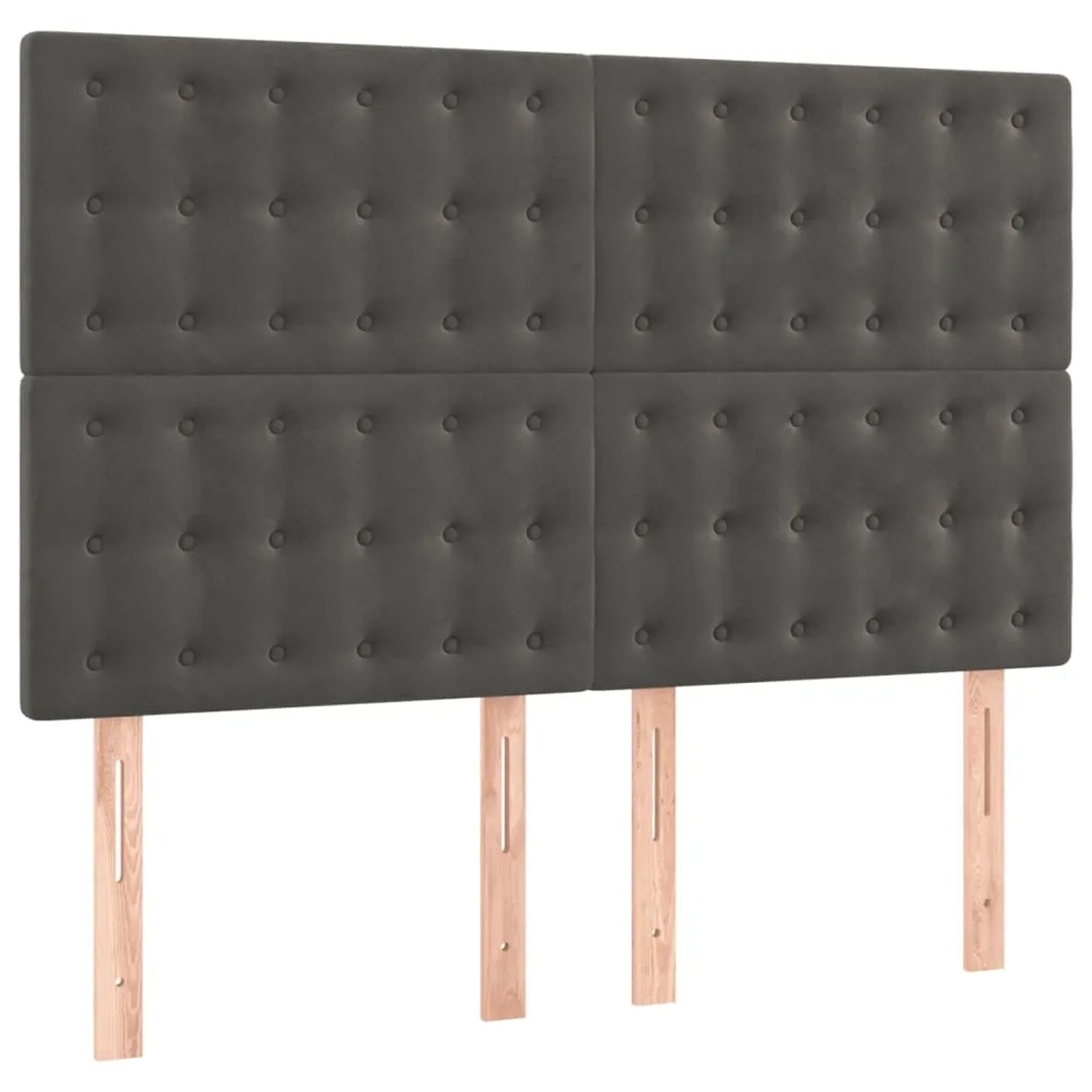Dunkelgraues vidaXL Boxspringbett Kopfteil aus Samt mit Knopfheftung und Holzfüßen.