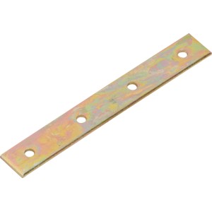 Gelb verzinkter Flachverbinder, 120x15 mm, mit Löchern zur Befestigung.